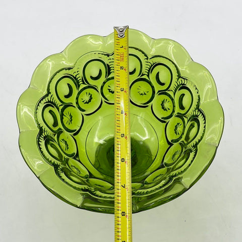 Pressed Glass Moon and Star Pattern Compote Green Pedestal Bowl 8 Inch Vintage