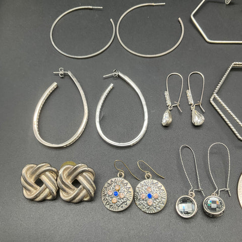 Vintage Silver Tone Costume Jewelry Lot of 18 Pairs Earrings Hoops Dangles