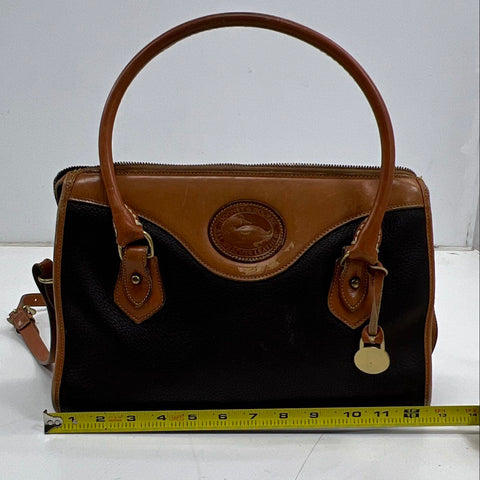 Vintage 90s Dooney & Bourke Black Tan All Weather Leather Satchel Brass