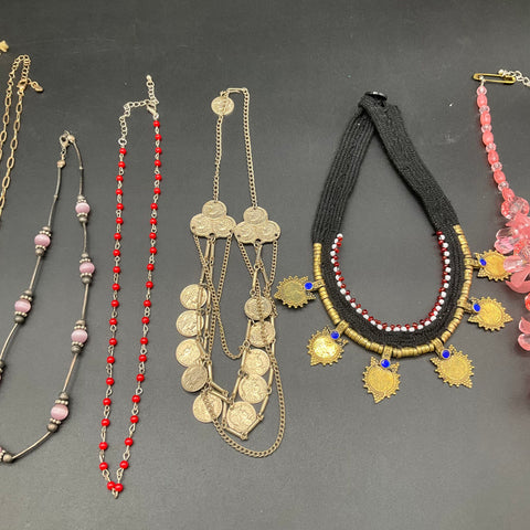 Vintage & Modern Jewelry Lot 8 Necklaces Tribal Boho Coin Beaded Cherry Charm