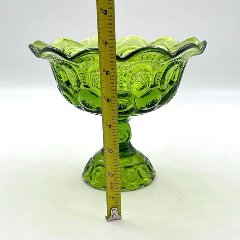 Pressed Glass Moon and Star Pattern Compote Green Pedestal Bowl 8 Inch Vintage