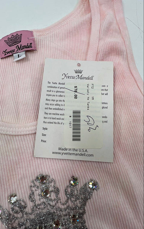 Yvette Mandell Women's Pink Crystal Crest Ribbed Cotton Tank Top NWT Sz L Y2K