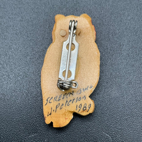 Vintage 1989 J Peterson Signed Hand Carved Wood Screech Owl Brooch Pin 1.75"