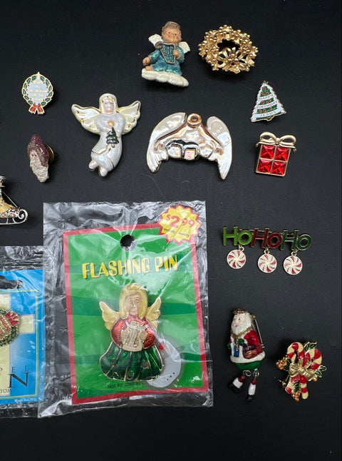 Christmas Holiday Jewelry Lot 18 Pcs Vintage to Modern Brooches Pins Santa Angel