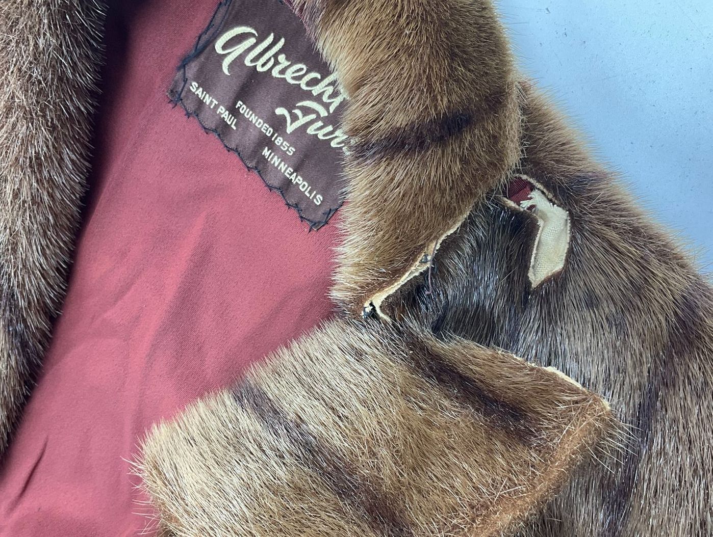 Vintage 1960s Albrecht Furs Brown Muskrat Mink Hooded Long Coat St Paul MN
