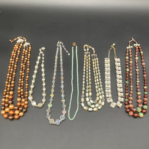 Vintage Costume Jewelry Lot 7 Necklaces Faux Pearl AB Crystal Rhinestone Deco