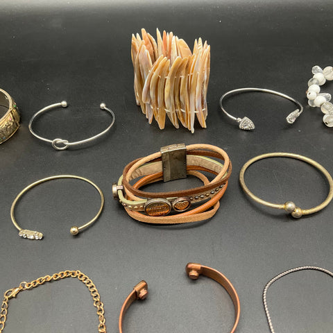 Mixed Costume Jewelry Lot of 24 Bracelets Cuffs Bangles Beaded Religious Fashion