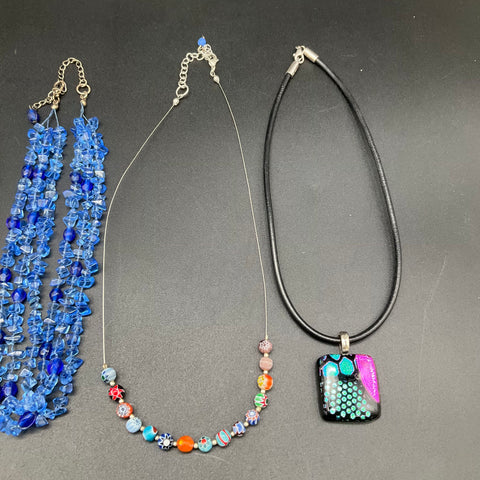 Costume Jewelry Lot 9 Necklaces Mixed Styles Blue Black Art Glass Nine West
