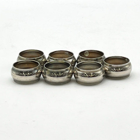 Vintage Silver Tone Metal Napkin Rings 7 Piece Set Hatched Border Design