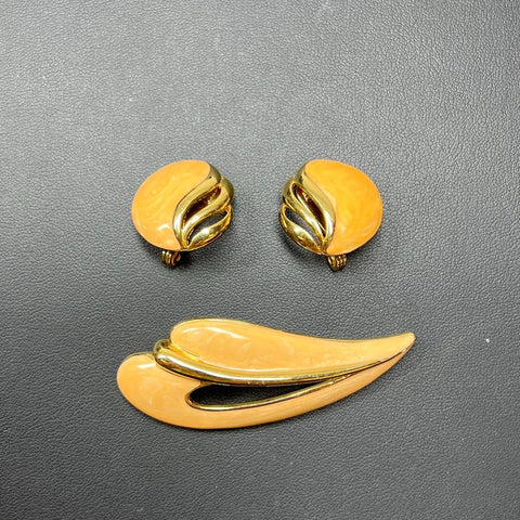 Monet Yellow Enamel Gold tone Brooch & Clip On Earrings Set