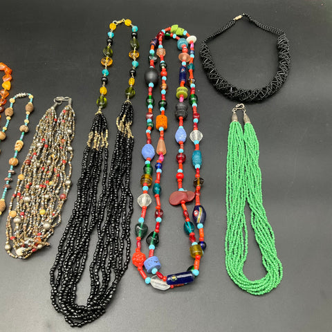 Vintage Beaded & Stone Jewelry Lot of 10 Necklaces Amber Style Art Glass Boho