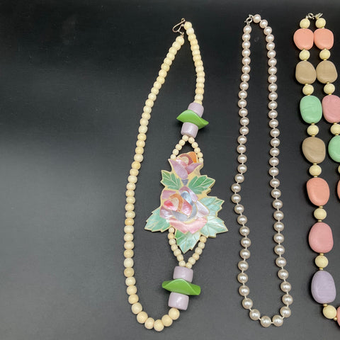 Vintage Costume Jewelry Lot 5 Necklaces Faux Pearl Pastel Floral Retro 80s 90s