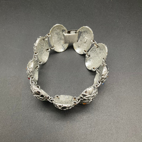 Vintage Judy Lee Silver Tone Multi Color Rhinestone Oval Panel Bracelet 7.25"