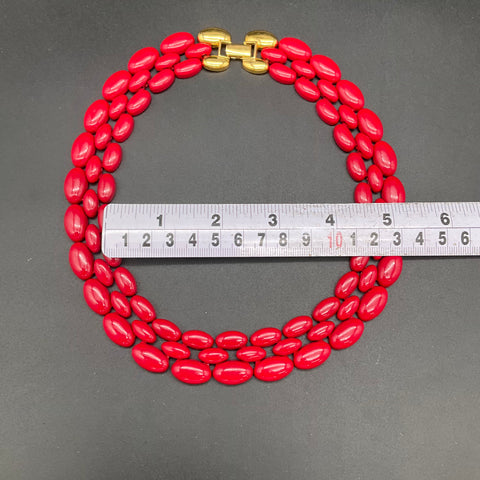 Vintage Signed Napier Red Enamel Gold Tone Necklace and Bracelet Set