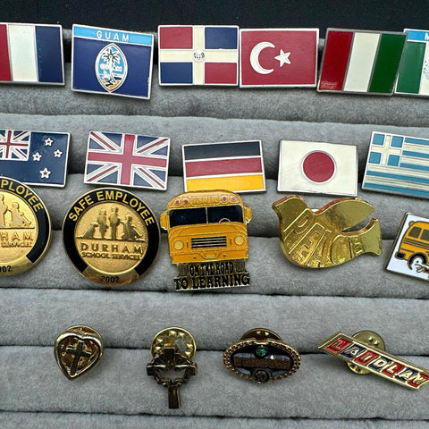Vintage to Modern Lapel Pin Lot International Flags Bees School Transportation