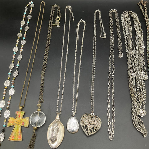 Vintage Style Costume Jewelry Necklace Lot 11pc Heart Spoon Cross Key Pendants