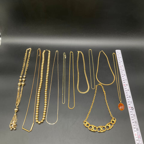 Gold Tone Costume Jewelry Lot 11 Necklaces Chains Tassel Brown Stone 0.6lb