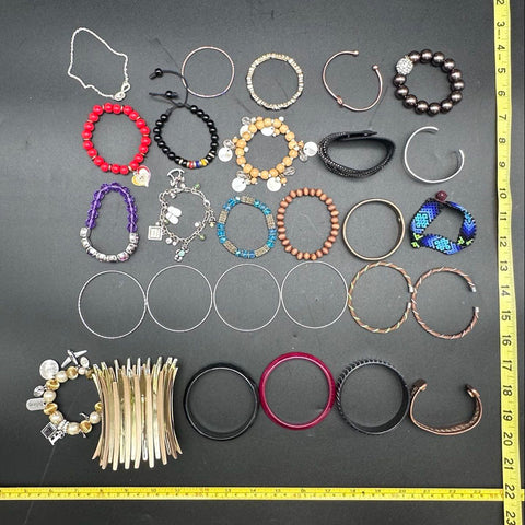 Vintage & Modern Costume Jewelry Lot of 26 Bangles Cuff Beaded Charm Bracelets