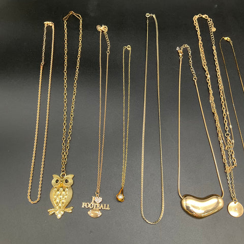 Vintage to Modern Costume Jewelry Lot 11pc Gold Tone Necklaces Owl Bean Choker