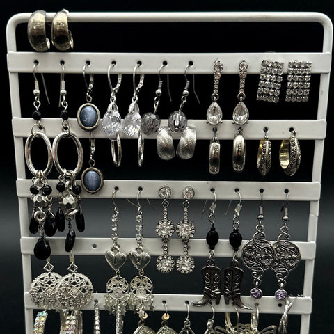 Fashion Earrings Lot 25+ Pairs Silver Gunmetal Rhinestone Hoops Dangle
