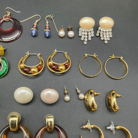 Vintage Faux Pearl Rhinestone Enamel Earring Lot 28 Pairs Hoops Studs Dangles