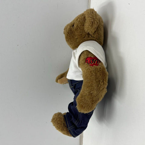 Vermont Teddy Bear Co Love Tattoo Plush Brown Bear Denim Jeans Embroidered Heart