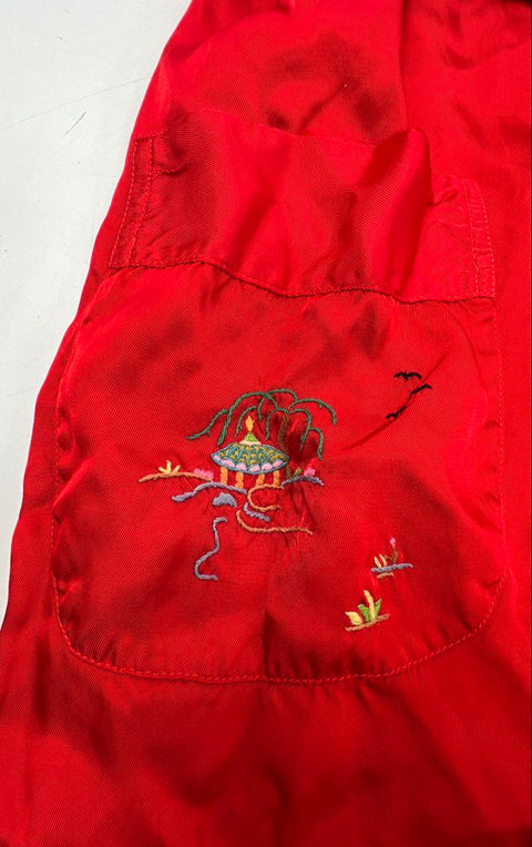 Vintage 80s Longevity Red Embroidered Pagoda Landscape Robe Kimono China Sz L