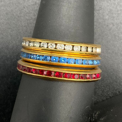 Vintage Avon Signed Gold Tone Rhinestone Stacking Ring Set Red White Blue 9