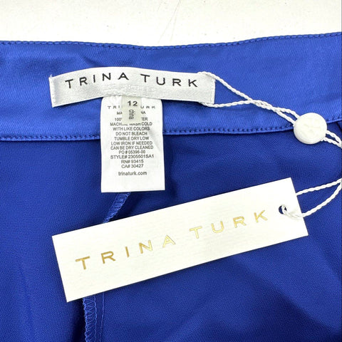 Trina Turk Women's Royal Blue Wide Leg Satin Side Zip Trousers NWT Sz 12