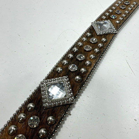 Nocona Women's Brown Hair-on-Hide Western Belt Silver Studs Crystals Size M