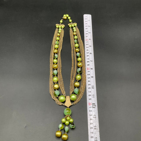 Vintage Gold Tone Multi Strand Green Bead Tassel Necklace Mid Century Style