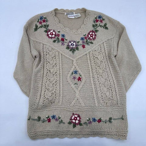 Vintage 80s Bobbie Brooks Hand Knitted Floral Embroidered Sweater Sz L