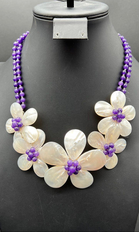 Lot of 3 Mother of Pearl Carved Flower Statement Necklaces Beaded Pearl & Stone