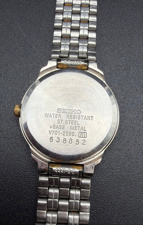 Seiko V701-2B90 Two Tone Stainless Steel Ladies Quartz Watch 6.5" New Battery