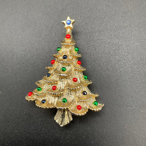 Vintage Christmas Tree Brooch Lot 5 Gold Tone Rhinestone Enamel Holiday Pins