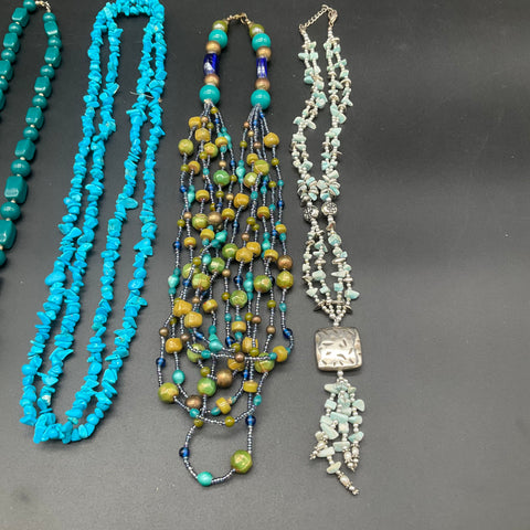 Southwestern Boho Beaded Jewelry Lot 6 Necklaces Turquoise Teal Blue Tones