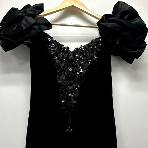 Vintage 90s Zum Zum Women's Black Velvet Sequin Ruffle Pouf Sleeve Dress Sz 3