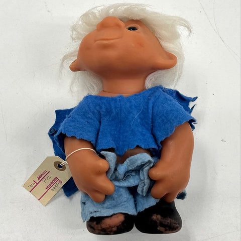 Vintage 1982 DAM Troll Doll Made in Denmark White Hair Blue Felt Outfit 8 Inch