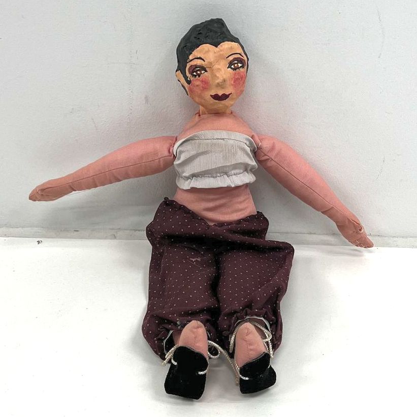 Vintage Paper Maché & Cloth Dark Haired Female Doll Hand Made & Painted STAINED