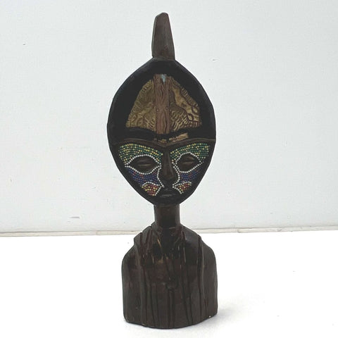 Vintage Handcrafted African Wood Bust Beaded Mask Sculpture South Africa 15"
