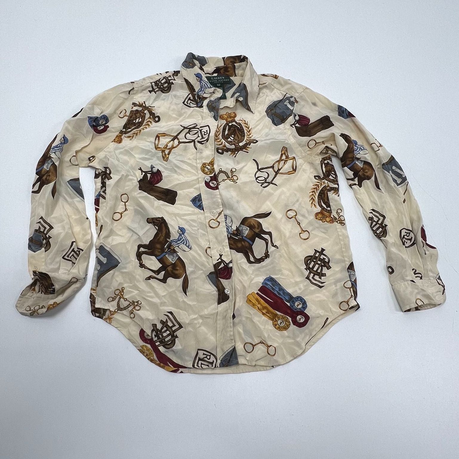 Vintage 90s Lauren Ralph Lauren Cream Equestrian Print Silk Blouse Women's 10P