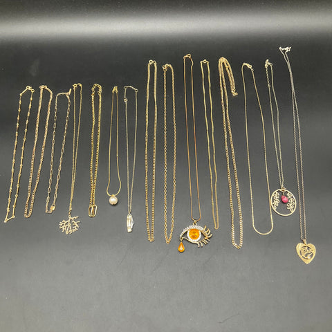 Vintage to Modern Mixed Costume Jewelry Necklace Lot 15 Pieces Gold Tone