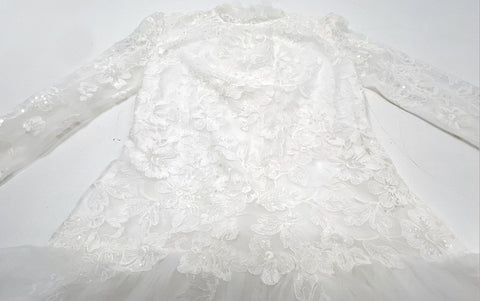 Untamed Petals Women's White Lace Sequin Tulle Mini Dress Mock Neck Bridal Sz M