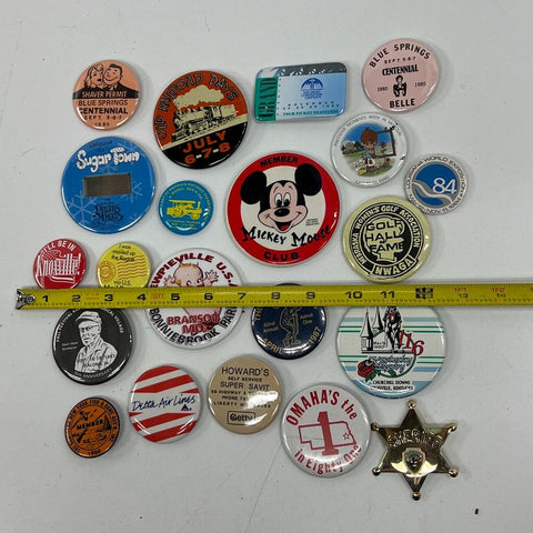 Vintage Pinback Button Lot of 24 Mickey Mouse Kentucky Derby Delta Kewpie Pins