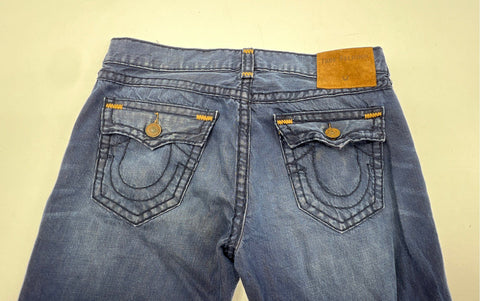 True Religion Men's Ricky Relaxed Straight Jeans Blue Flap Pockets Size 38