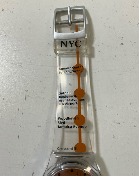 Vintage NYC Subway J Train Unisex Wristwatch Clear Plastic Band Orange Untested