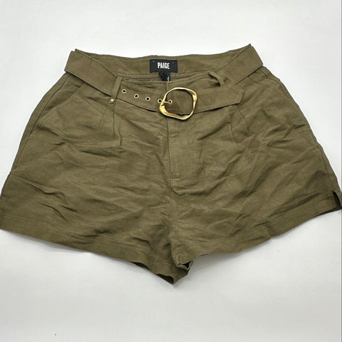 PAIGE Women's Neva Belted Army Green Pleated Linen Blend Shorts Sz 6 NWT