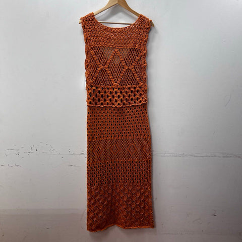 By Anthropologie Women's Rust Orange Crochet Open Knit Maxi Dress Sz L NWT