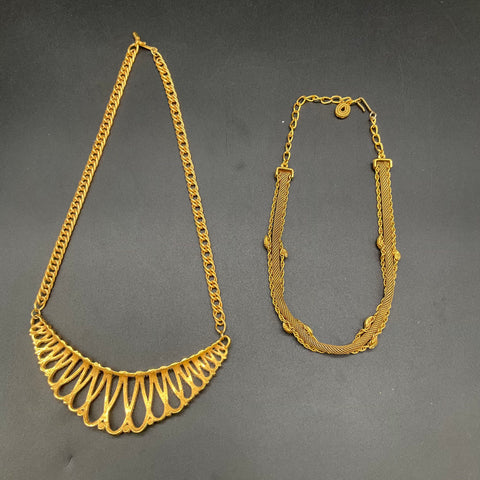 Vintage Gold Tone Necklace Lot of 2 Mesh with Faux Pearl and Bib Style Openwork