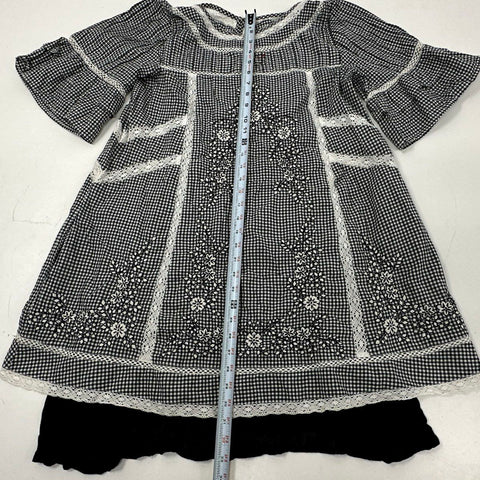 Free People Women's Black White Gingham Floral Embroidered Lace Tunic Dress Sz M